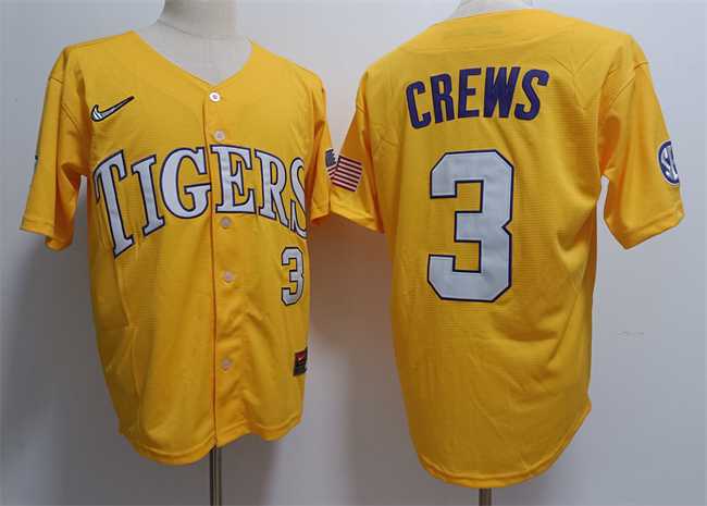 Men's LSU Tigers #3 ylan Crews Gold 2023 Stitched Baseball Jersey Dzhi